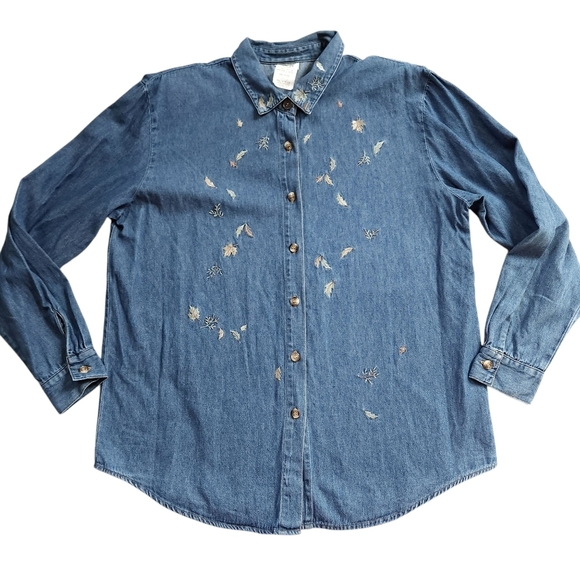 Vintage Embroidered Leaves Chambray Button Down Sz M - Picture 2 of 7
